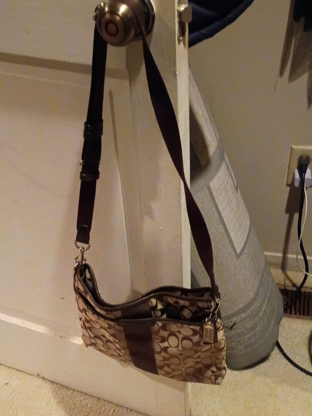 Coach Beige Signature Canvas Crossbody with Brown Leather Trim